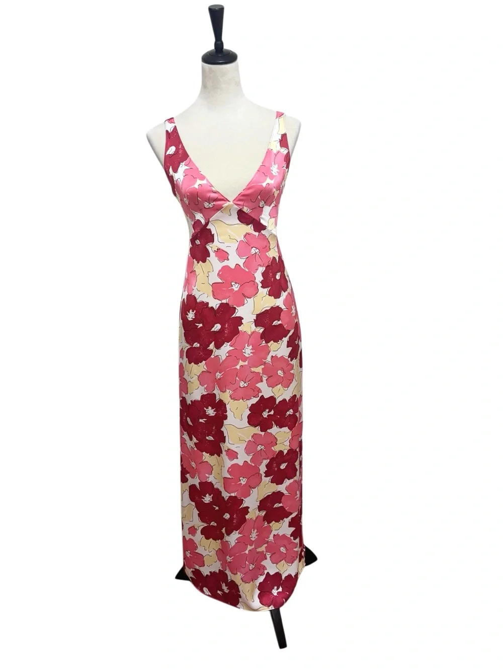 Plan C x RTR  pink, red & cream floral silky satin slip maxi dress size 0